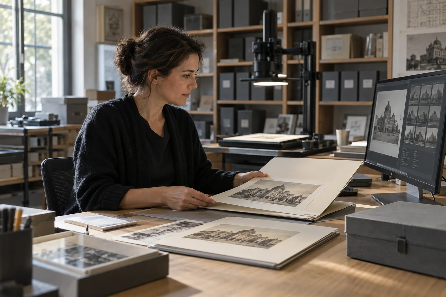 Une documentaliste compare des photographies d’archives avec leur version numérisée dans une salle de documentation.