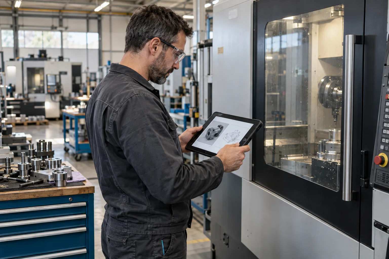 Un technicien consulte une documentation technique sur une tablette dans un atelier de production.