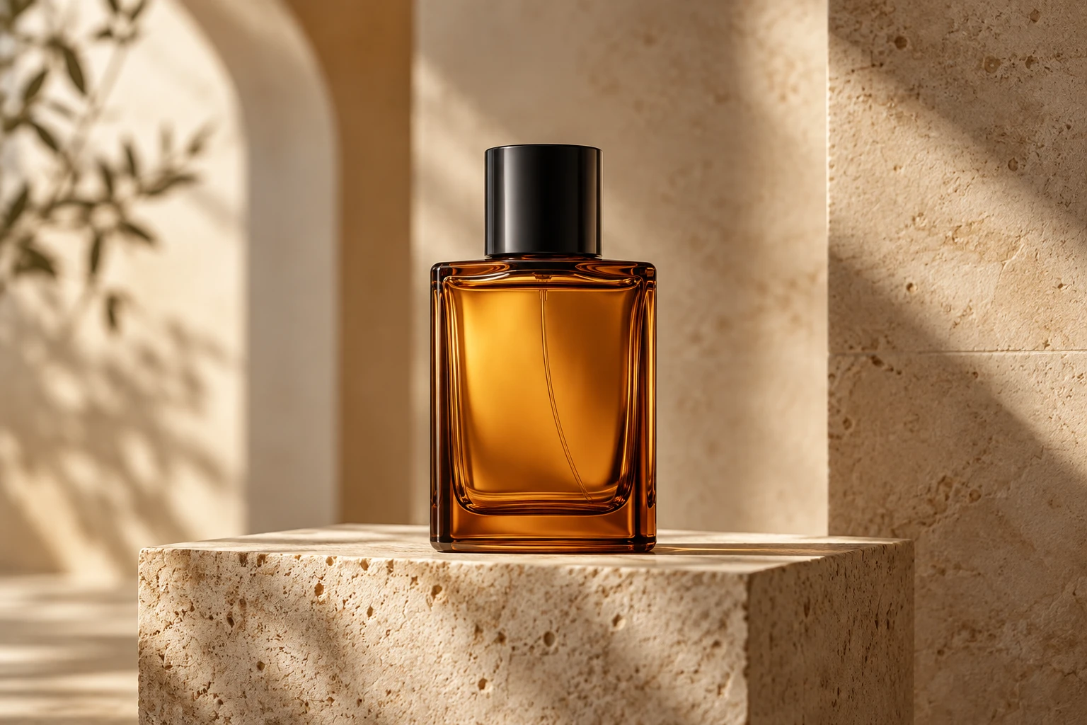 Flacon de parfum ambré sur un socle architectural