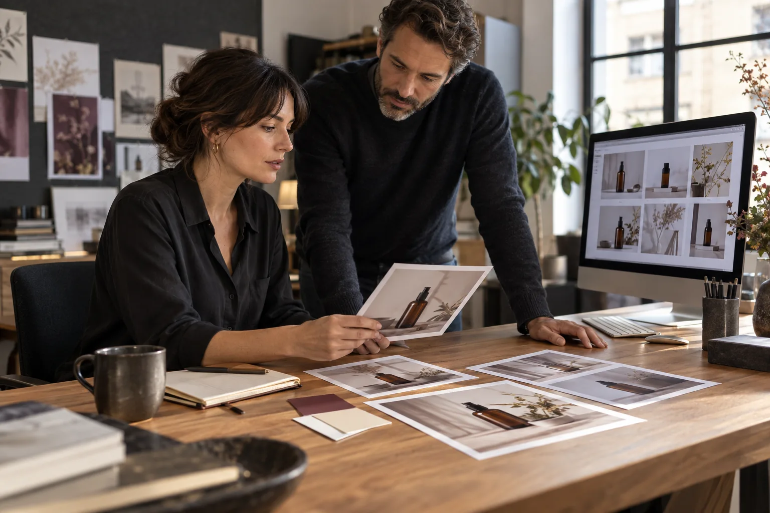 Deux professionnels du marketing préparent une campagne à partir de photographies de produits et de supports visuels partagés.